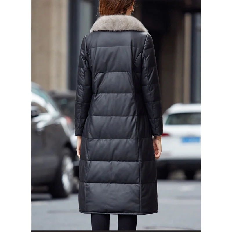 Leather Down Jacket Women's Autumn Winter Medium Length Sheepskin Coat Mink Fur Collar Leisure Slim Down Coat