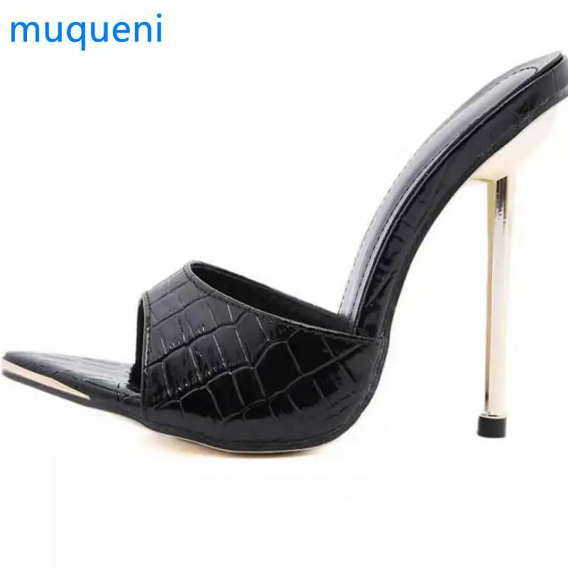 

Summer new ladies slippers snake sexy pointed high heel slippers metal decoration party shoes outdoor fashion large size women's