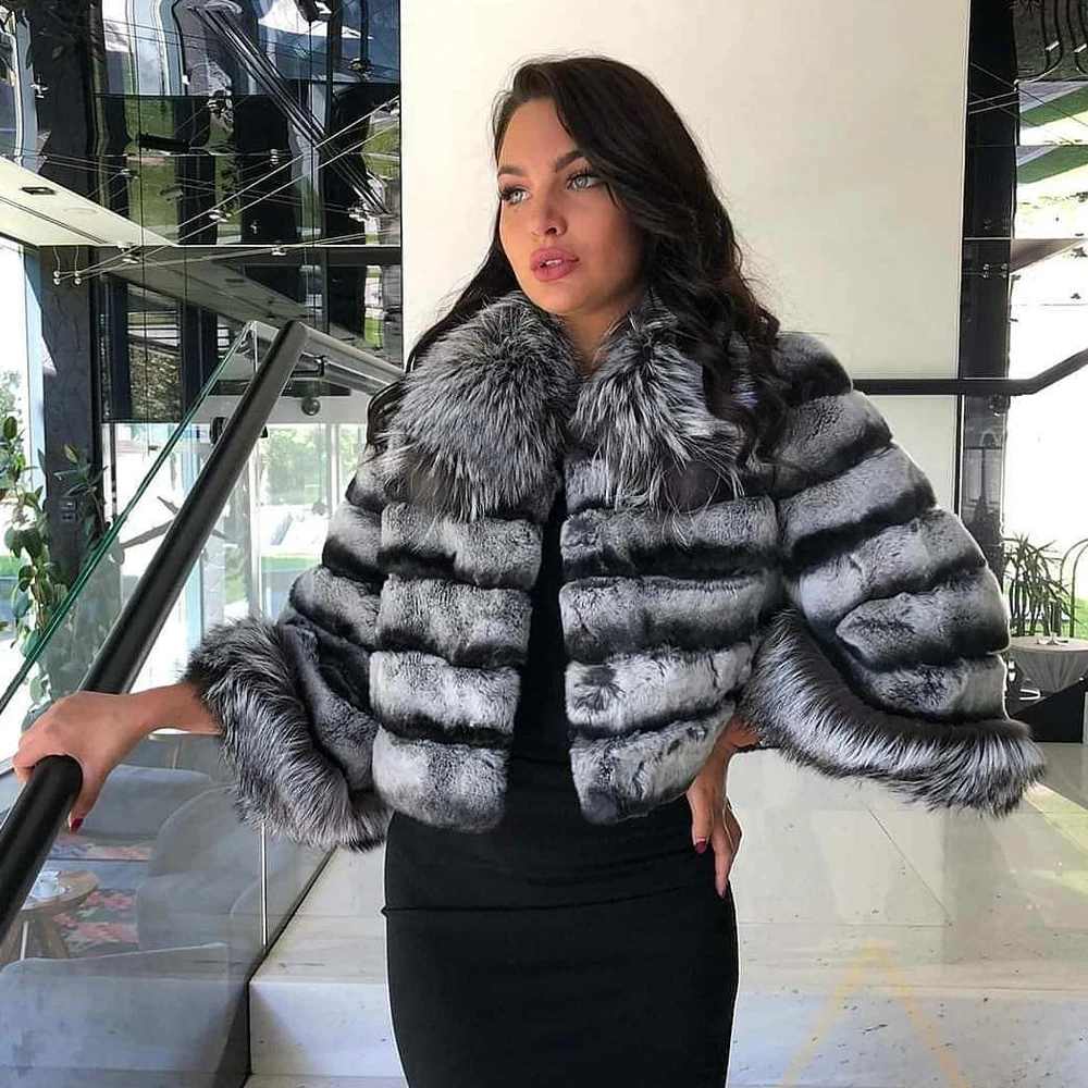 Enlarge Real Rex Rabbit Fur Jacket with Silver Fox Fur Stand Collar Luxury Woman Short Fur Overcoats Winter Fashion Rex Rabbit Fur Coats