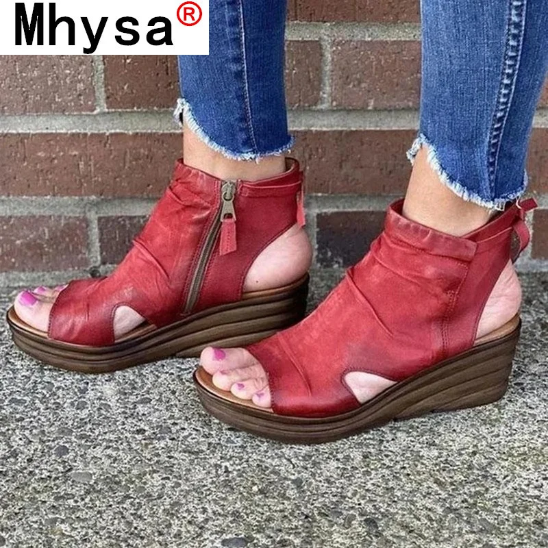 

2021 Summer New Outdoor Wedges Platform Casual Women's Sandals Fashion Retro Side Zipper Comfortable Sandals Shoes for Woman