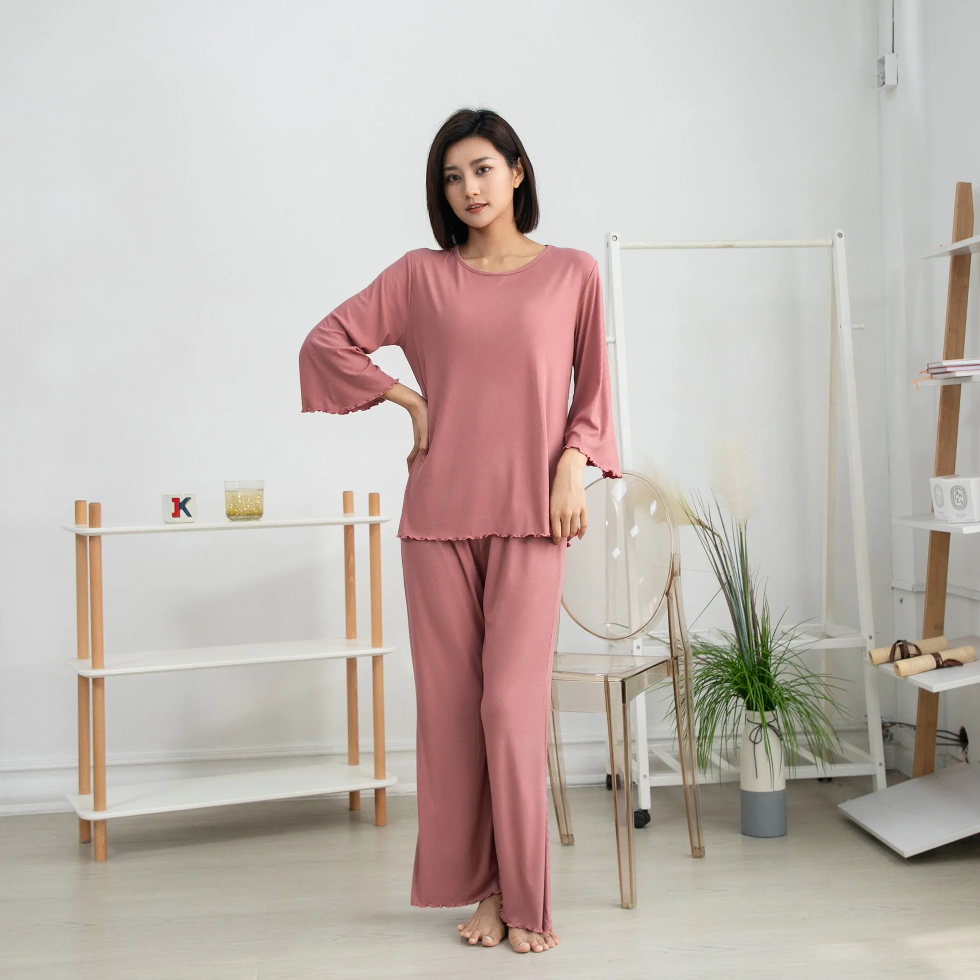 

women pyjama sets Autumn New pijama pyjama ensembles Loose Simple Homewear Suit tracksuits Lace Wide Leg Pants Two-Piece Set