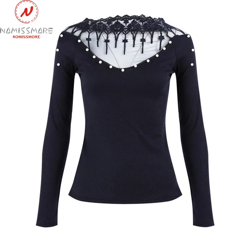 Женская футболка в уличном стиле с кружевом украшенная бисером круглым вырезом