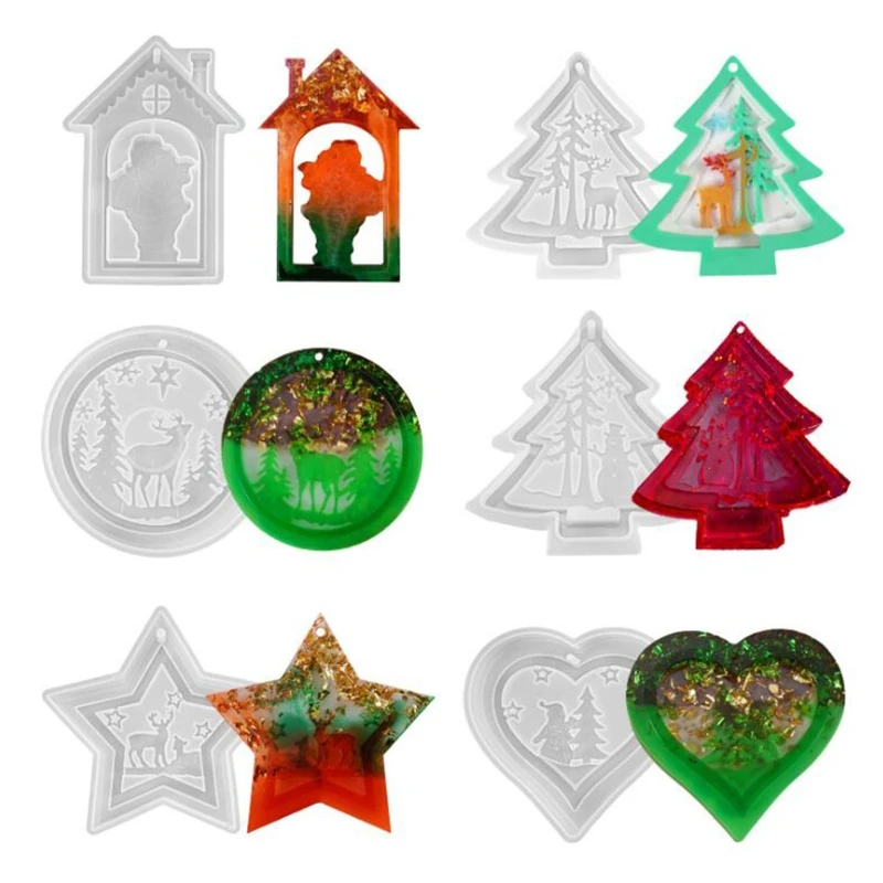

2021 New 6Pcs Crystal Epoxy Resin Mold Christmas Theme Listed Pendant DIY Silicone Mould