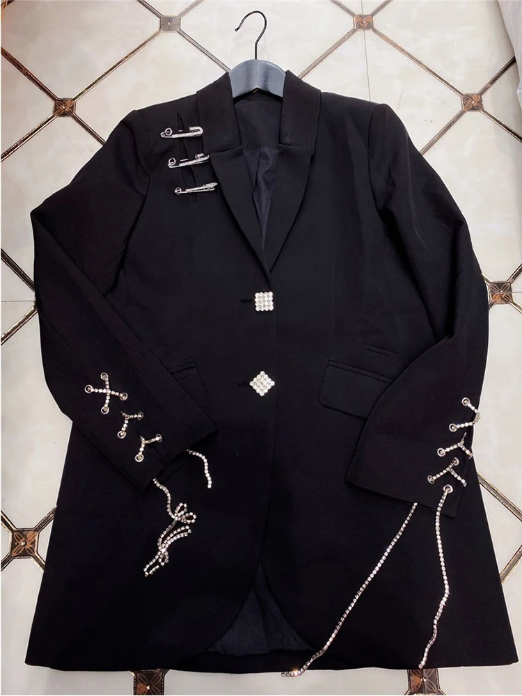 

Free shipping heavy crafts pin decoration diamond button loose long suit jacket ladies autumn new style cuff tie personality