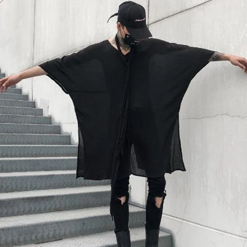 Футболка мужская оверсайз с v образным вырезом ультратонкая длинная рубашка в