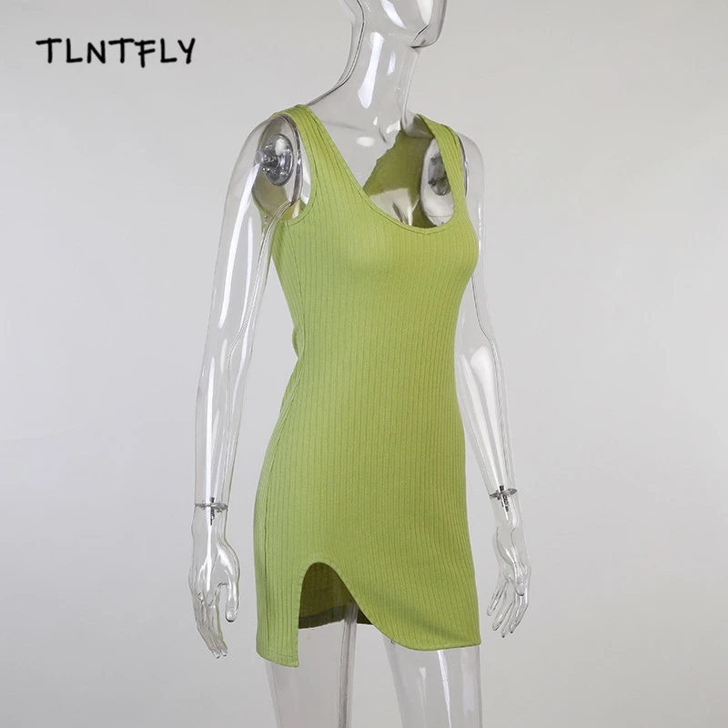 

Sexy Bodycon Dress Women2021 Summer New Sleeveless Vest Skirt V-Neck Slim Split Light Green Solid Color Beach Vacation Party