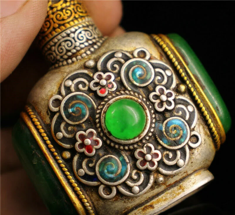 

2.76" Chinese copper silver plating gilt Cloisonne inlay gem snuff bottle