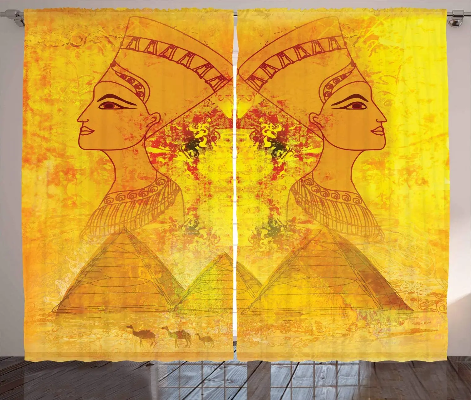 

Egyptian Curtains Antique Old Paper with Egyptian Queen Portraits Pyramids Camels Image Print Living Room Bedroom Window Curtain