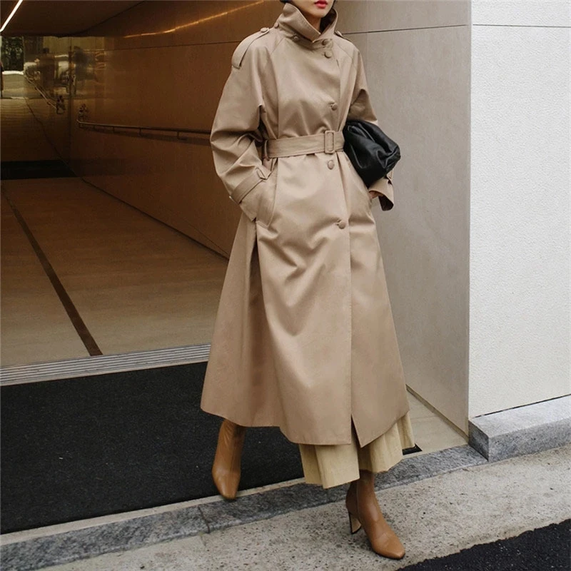 

Women Trench Coat Drape Khaki Stand Collar Single Breasted Long Sleeve Loose High Street Style 2021 Autumn Fashion
