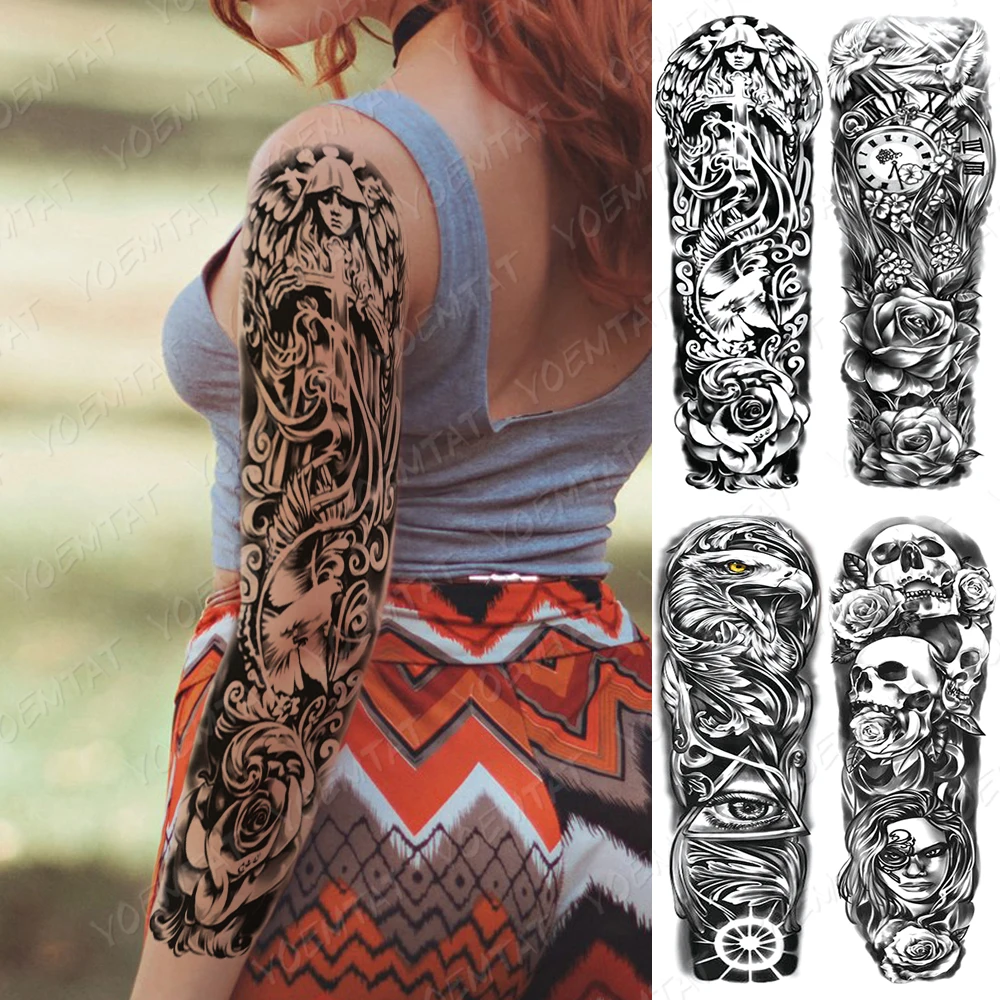 

Waterproof Temporary Full Arm Tattoo Stickers Nun Cross Rose Clock Eye Skull Flash Tattoos Woman Body Art Fake Sleeve Tatto Men