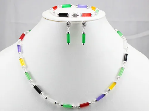 

Mixed-Jades 925 Sterling Silver Earring Bracelet Necklace Set +box 43CM
