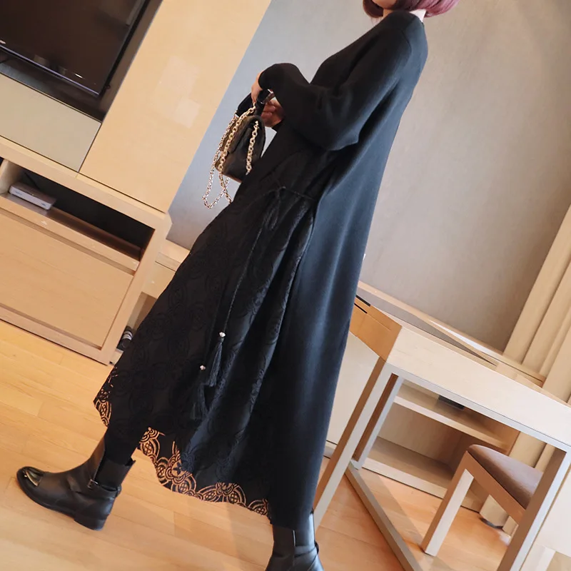 Женское кружевное платье LANMREM трикотажное с высоким воротом длинным рукавом и