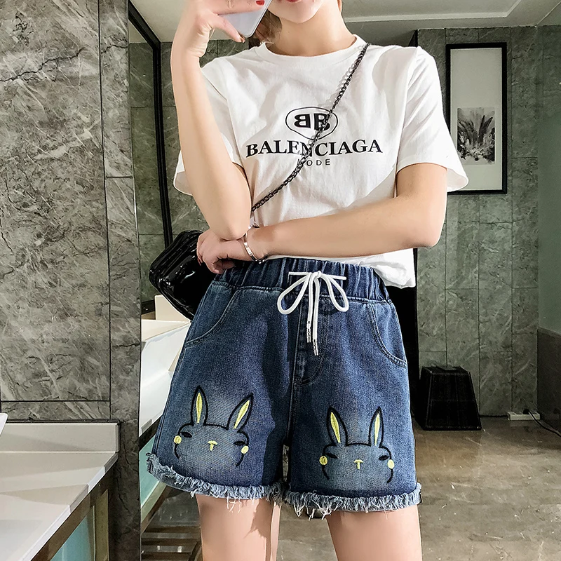 Женские джинсовые шорты из хлопка с вышивкой и плотной талией Свободные