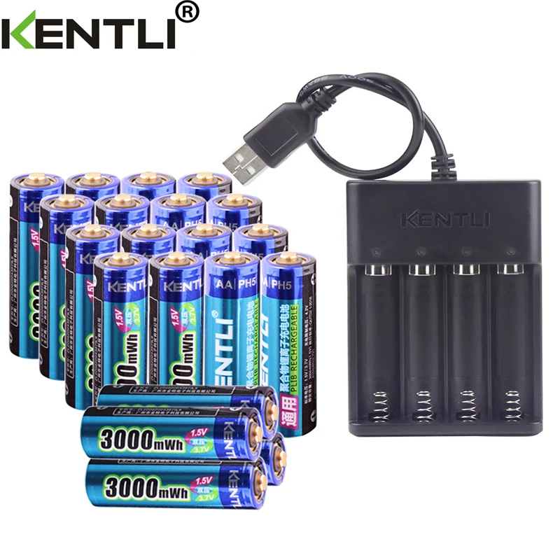 

KENTLI 1.5V 3000mWh lithium li-ion AA aa rechargeable battery +4 Channel polymer lithium li-ion battery batteries charger