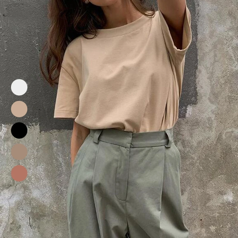 

Hirsionsan Basic Cotton T Shirt Women Summer New Oversized Solid Casual Loose Tshirt Korean O Neck Female Tops