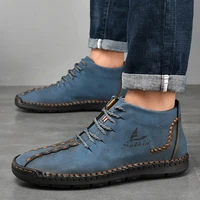 hand stitching winter men boots leather patent tooling ankle boots blue outdoor autumn hombres botas men casual leather shoes