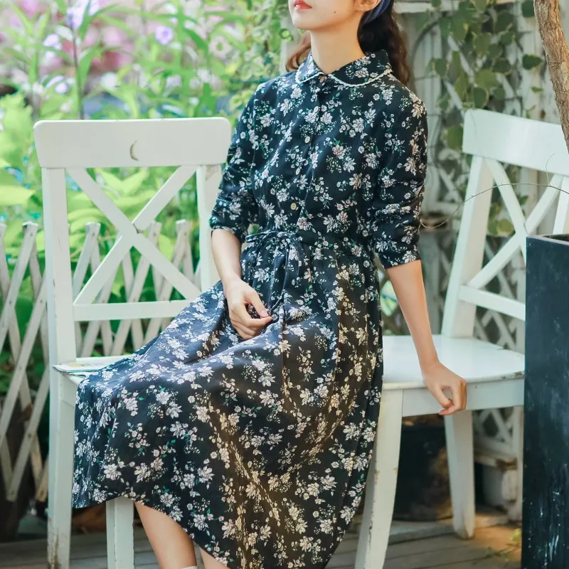 

Korean Sweet Women Long Elegant Dress Floral Print Lace Up Casual Ladies Midi Dress Vintage Corduroy Gorgeous Cotton Cute Dress