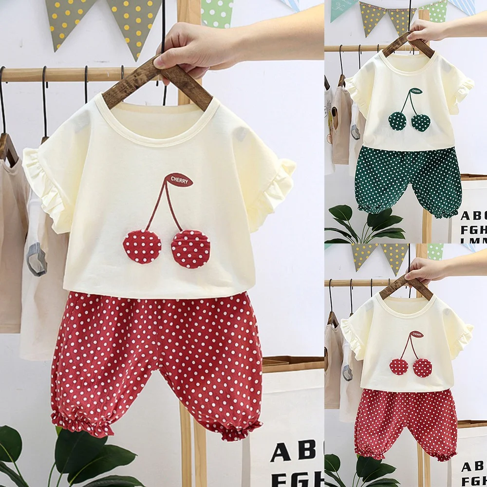 

Cute Cherry Print Girls Outfit Summer Ruffle Sleeve O Neck T-shirt Polka Dots Shorts Casual Set