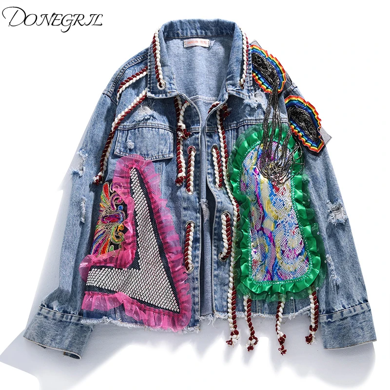 

Куртка женская потертая со стразами, свободная джинсовая куртка с длинным рукавом, уличная одежда, 2020