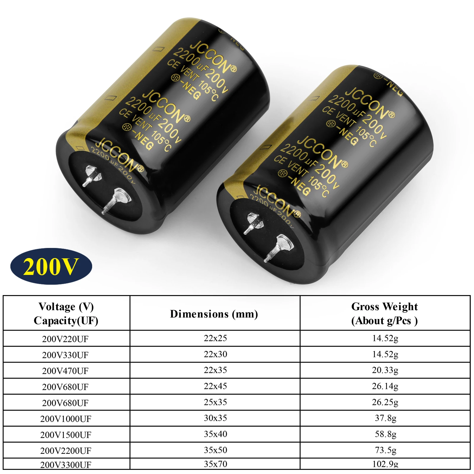 2Pcs JCCON Audio Electrolytic Capacitor 200V 220UF 330UF 470UF 680UF 1000UF 1500UF 2200UF 3300UF For Hifi Amplifier Low ESR