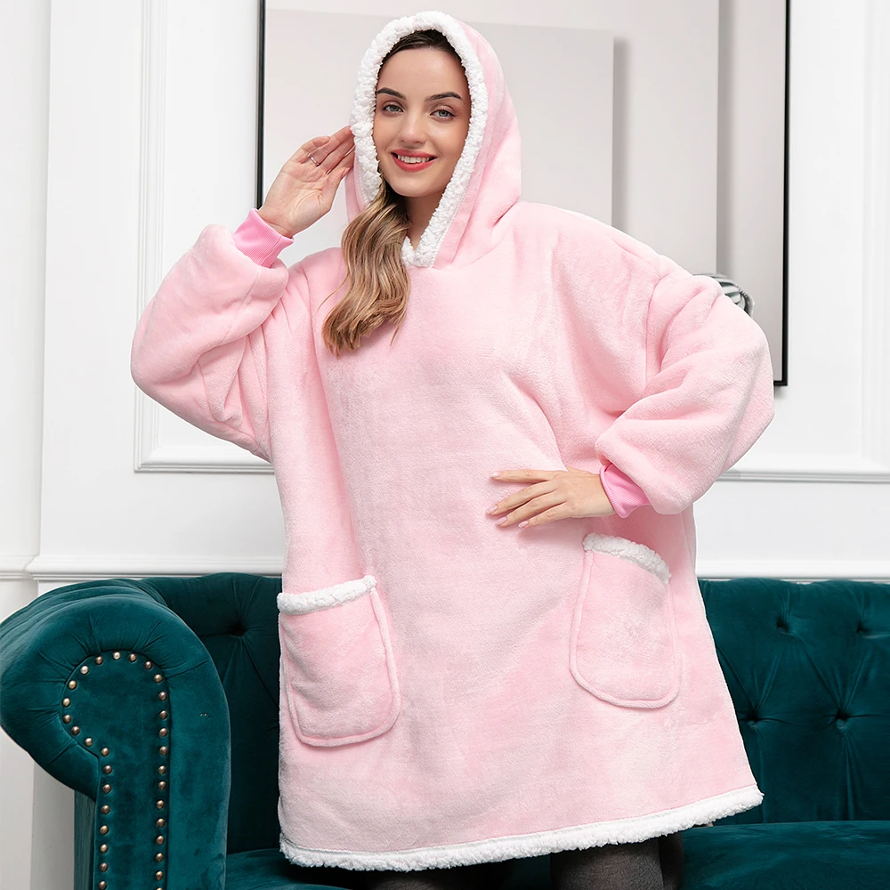 

Oversized Hoodie Blanket With Sleeves Sweatshirt Women Winter Solid color Fleece Hoody Pocket Female Hooded Sweat Oversize Femme