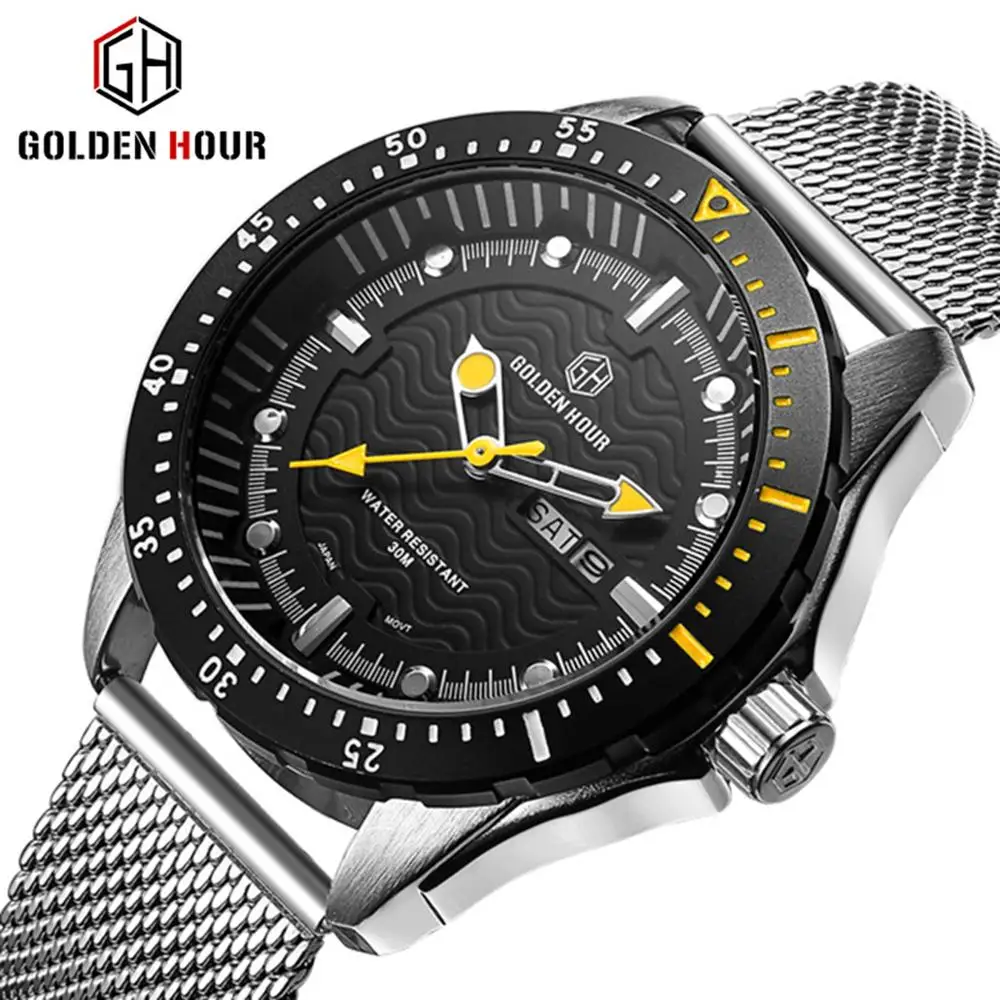 Повседневные мужские часы с сетчатым ремешком из нержавеющей стали спортивные