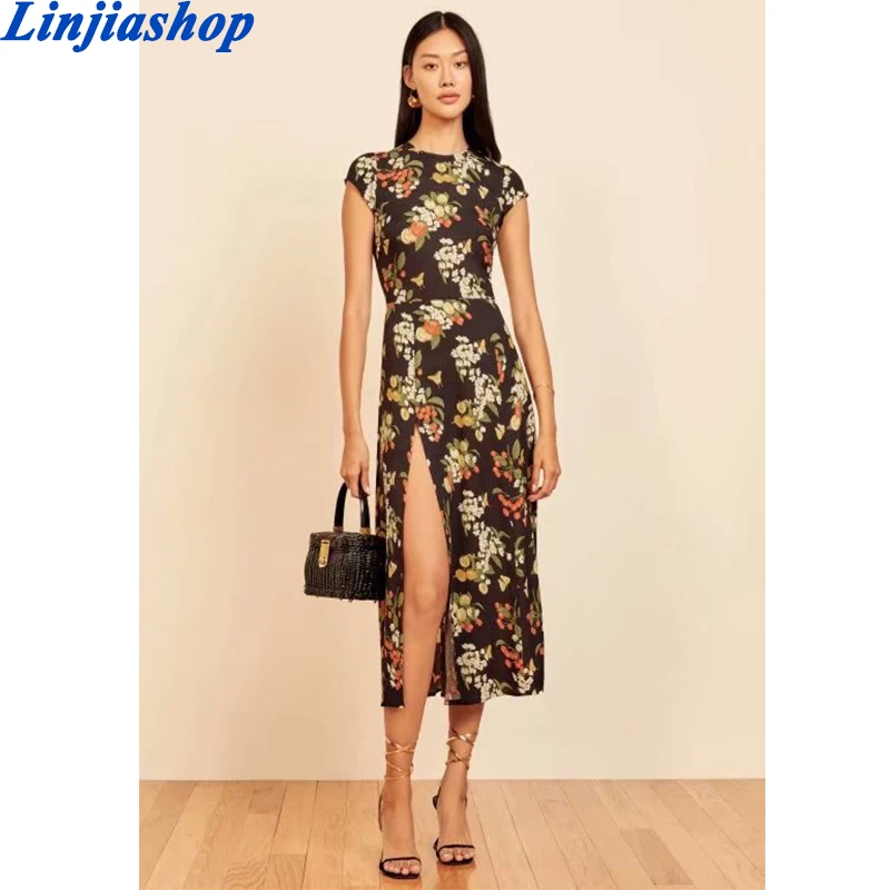 

Платье женское шифоновое средней длины с разрезом и цветочным принтом