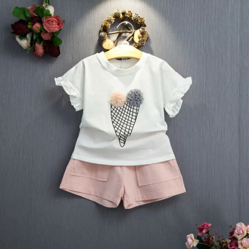 Модная футболка с рисунком мороженого для маленьких девочек топы и шорты детские