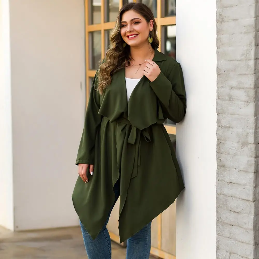 WHZHM куртки и пальто с поясом женские зеленые однотонные отложным воротником