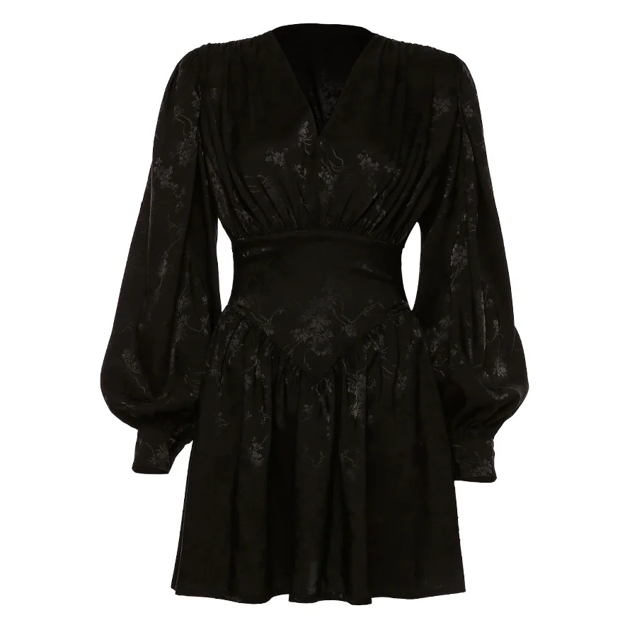 

2021 NEW Fashion Black Chiffon Printing Elegant Loose Mini Dress New Women Lantern Full Sleeve Pleated Slim Party Night Dresses