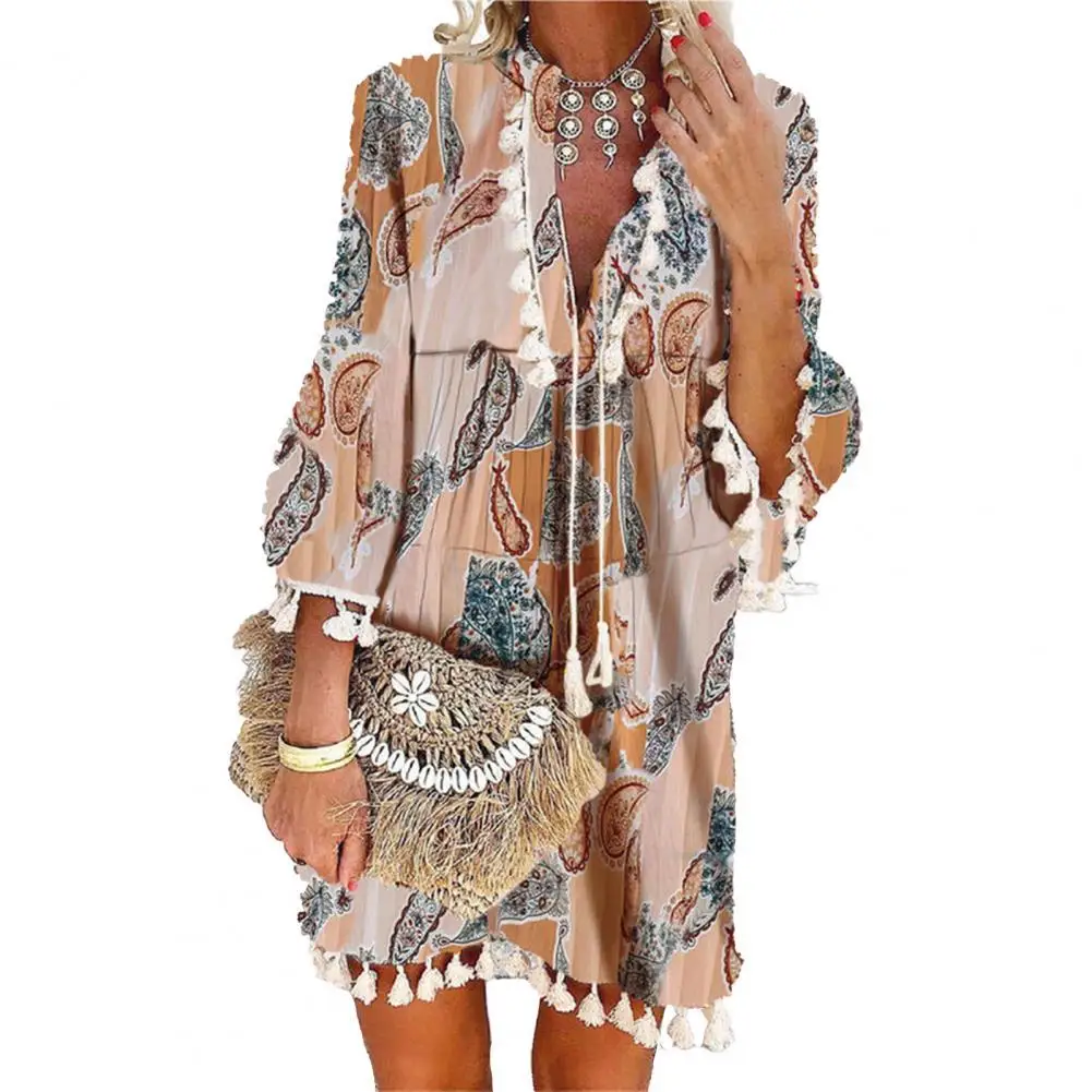 

Women Dress Elegant Floral Geometric Print V Neck Loose Beach Dresses Flare Sleeves Tassel Elegant Women's Dress