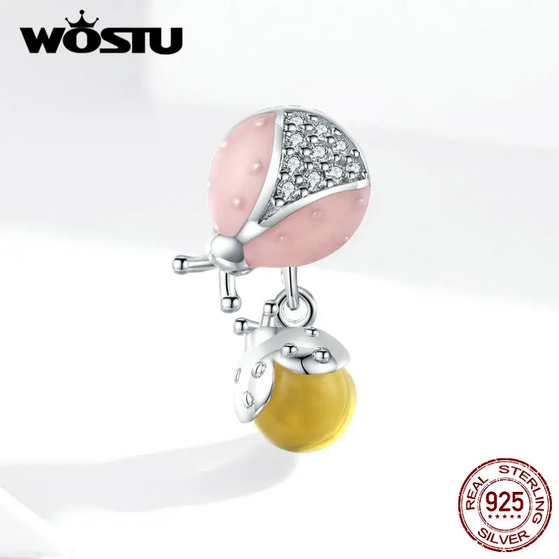 WOSTU Розовые и желтые бусины «божья коровка» 925 пробы серебряные циркониевые амулеты подходят к оригинальному браслету Кулон Серебро 925 ювелирные изделия FIC1371