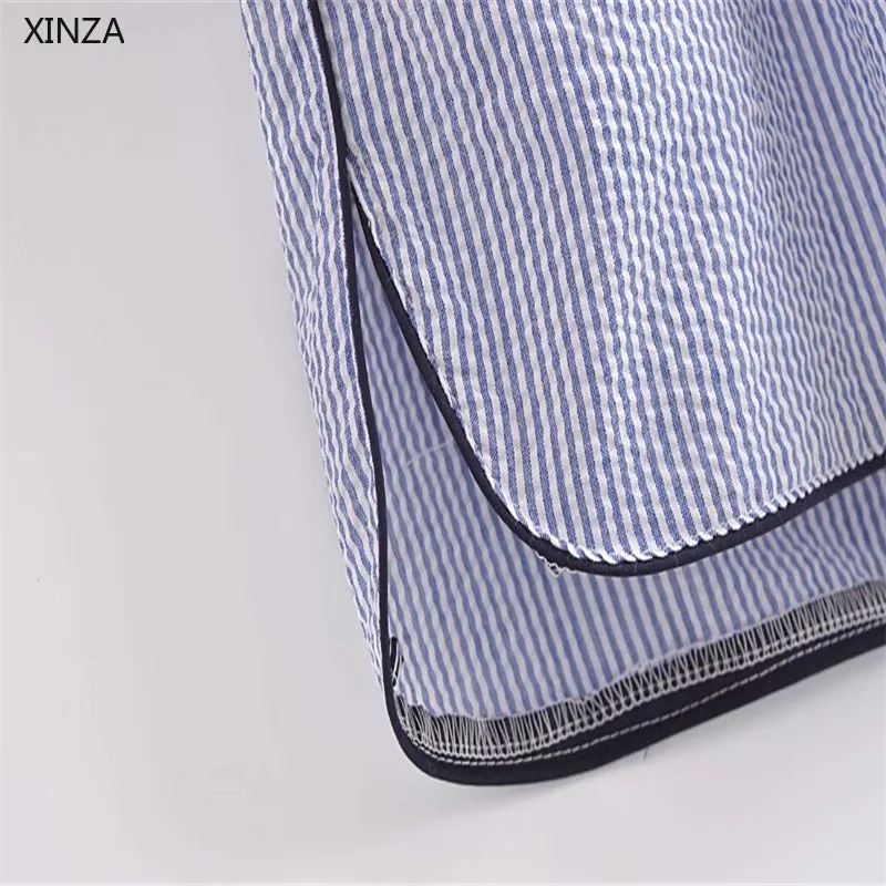 

Za Women Striped Short Summer Jumpsuit Short Sleeve Elastic Drawstring Waist Blue Playsuit Woman Button Up Vintage Jumpsuits