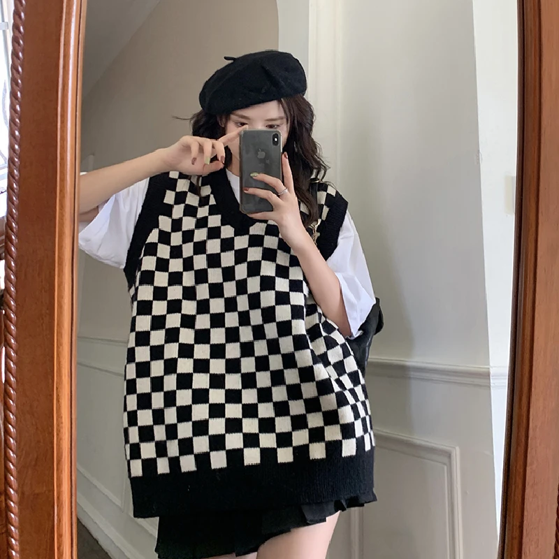 

Vintage Y2K Oversized Argyle Sweater Vest Women Autumn Winter 2021 Loose Medium Length Coat Causal V-neck Preppy Style Top