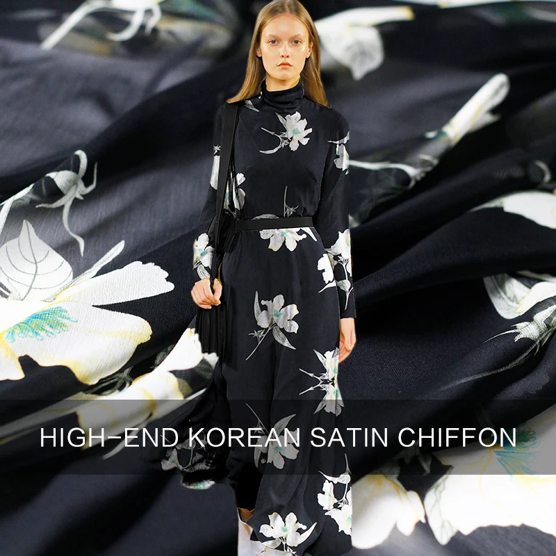 Pearlsilk Сделано в Корее черное атласное шифоновое летнее платье с цветочным
