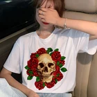Harajuku женщины черепа цветок печати Tshirt лето ретро панк футболки вскользь Streetwear короткими рукавами белого Tops Tshirt
