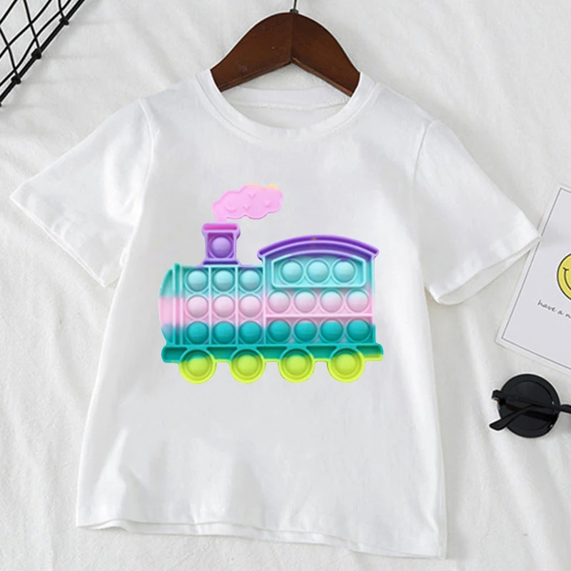 

T-Shirt For Boys/Girls Funny Butterfly, Fish, Train Fidget Toys Cute Kids Clothes Popit Children Print Tshirt White Short Sleeve