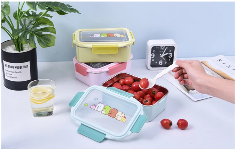 SHAI портативный для детей, для пикника, школы, Bento Box, коробка для обедов с мультипликацией, из нержавеющей стали, двухслойный контейнер для еды