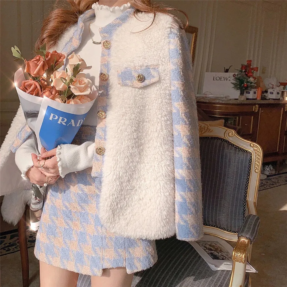 

Preppy Style Women'S Tweed Winter 2pcs Set Korean Lambswool Jacket +Woolen Plaid Irregular Short Skirt 2021 Female Suit Fashion