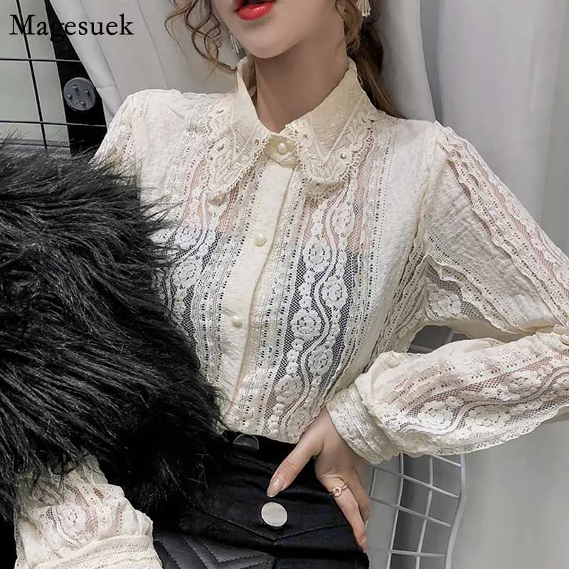 

Fashion Vintage Sexy Women Blouse 2021 Korean Long Sleeve Lace Office Blouses Women Cotton Cardigan Button Up Shirt Tops 10457
