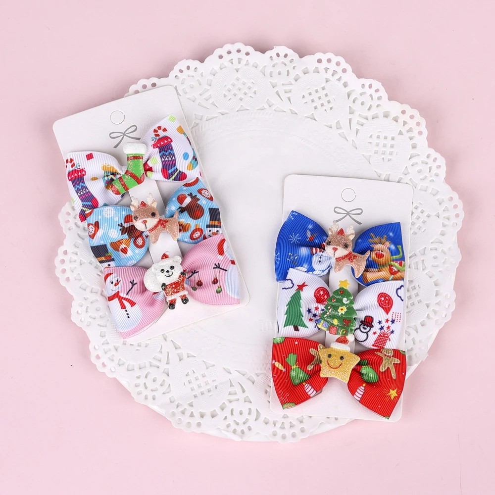 

3pcs/lot Grosgrain Ribbon Bowknot Bangs Hairpins Fashion Cartoon Print Bows Duckbill Clips Baby Girls Headwear Hair Accessories