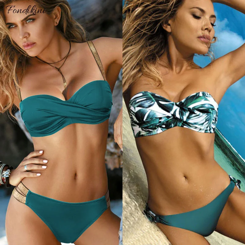 Сексуальный купальник бикини с принтом листьев женский бандо пуш ап комплект