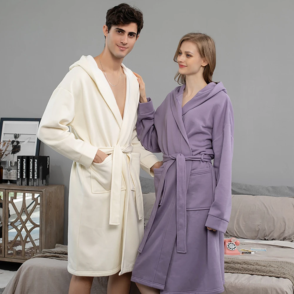 Men Warm Fleece Kimono Robes Couples Loose Dresses Casual Comfortable Hotel Long Robe Trendy Hooded Bathrobe Pockets With Belt