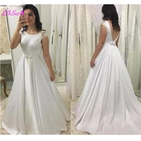simple satin wedding dress scoop cap sleeves floor length backless wedding gown sash bow white ivory plus size vestido de noiva