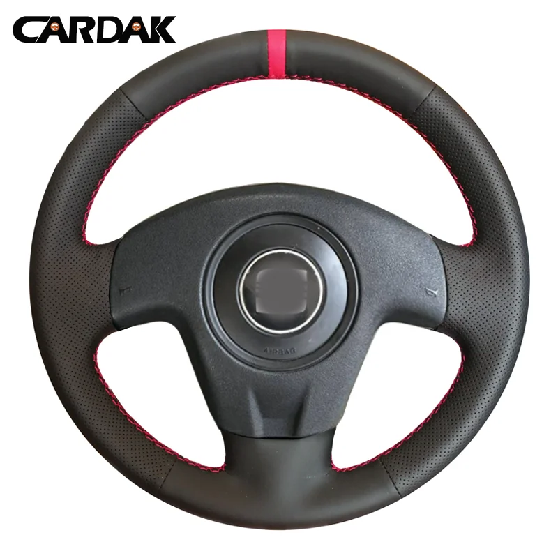 

CARDAK Hand-stitched Black Artificial Leather Red Marker Car Steering Wheel Cover for Seat Ibiza 2004 2006