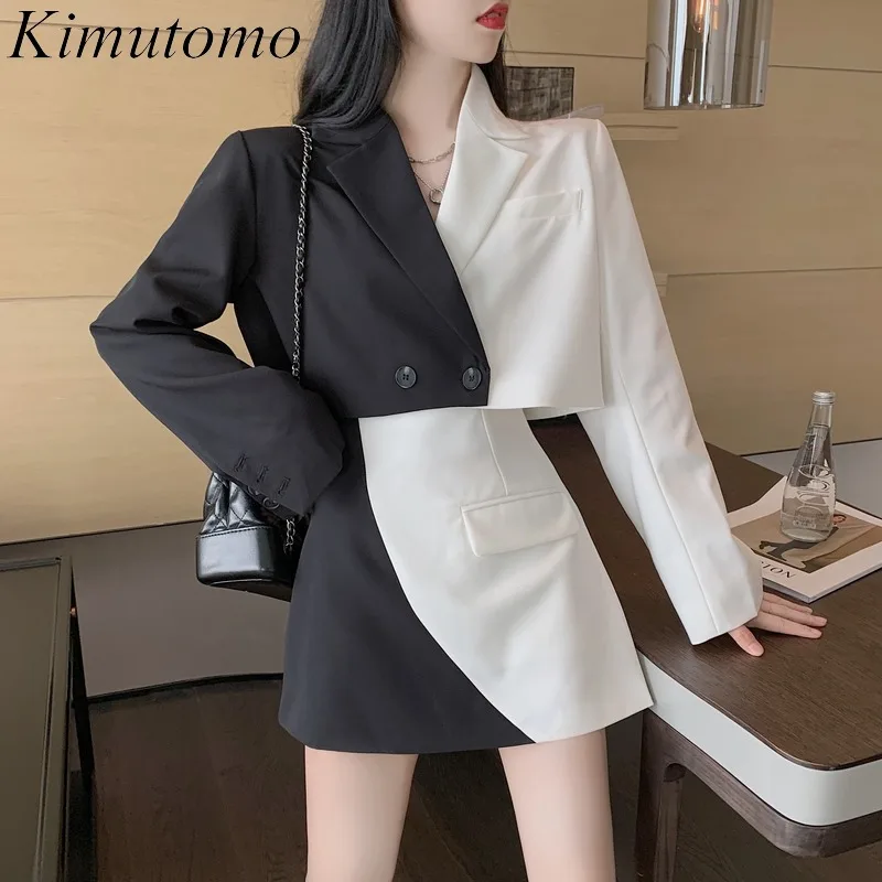 

Kimutomo Fashion Two Piece Set Women Hong Kong Style Black White Patchwork Blazers and High Waist Mini Skirt Spring 2021 Chic