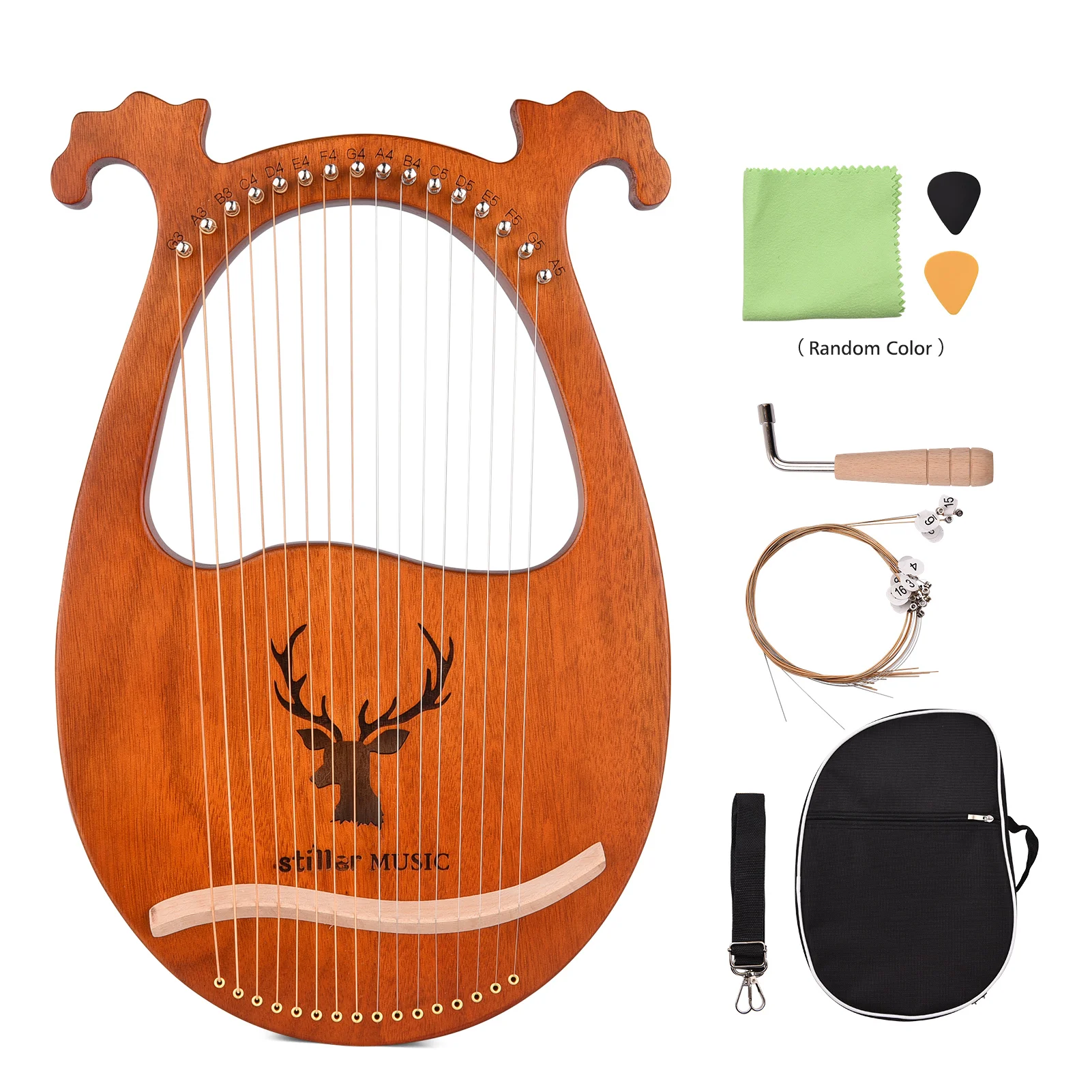 

ammoon 16 String Lyre Harp Solid Wood String Instrument with Elk Pattern Storage Bag Tuning Hammer Strings Cleaning Cloth Picks