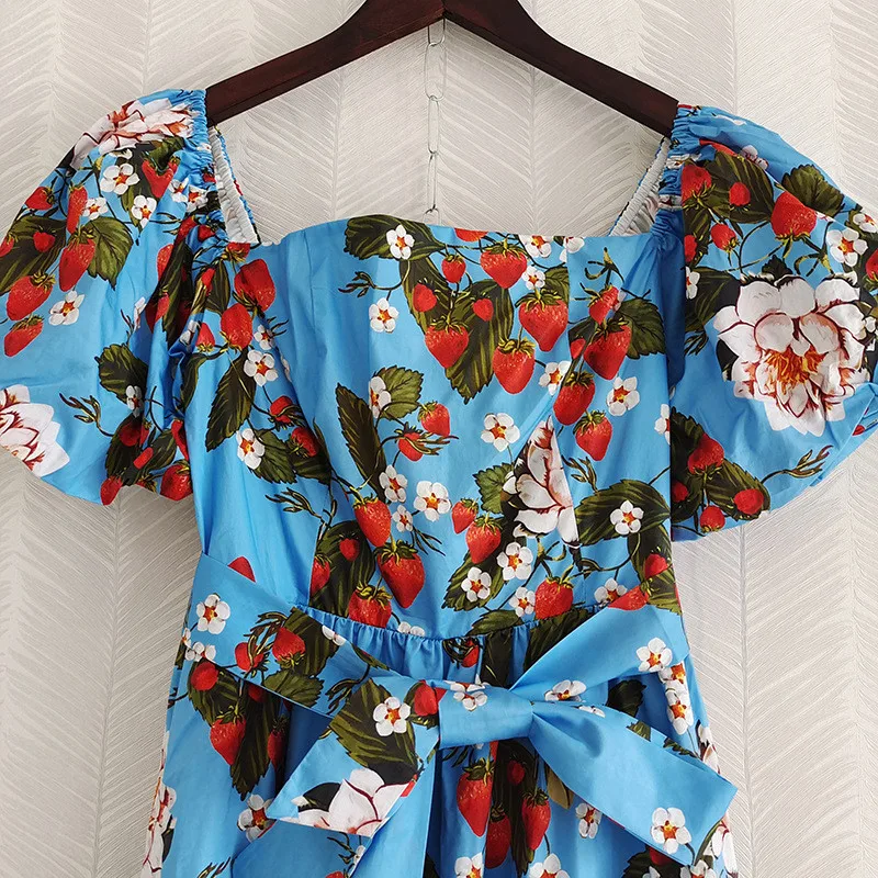 

Fashion Runway Summer Designers Puff Sleeve Flower 100% Cotton Dress High Quality Party Robe Femme Slash Neck Midi Holiday Dress
