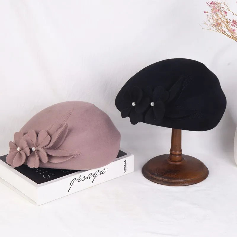 Леди Модная Шляпа Стюардессы Шик Художника Вечеринки Новая Федора Шапка Дамы 100% Австралийская Шерсть Фетра Цветочно-Жемчужный Берет ZZ-442 on.