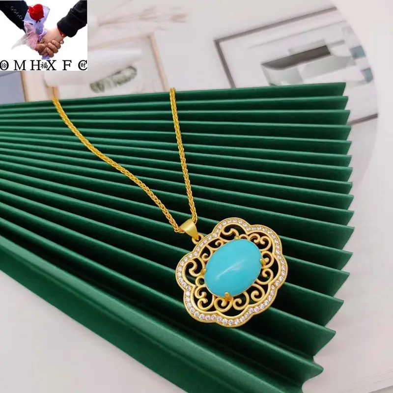 OMHXFC Jewelry Wholesale YM899 European Fashion Woman Party Birthday Wedding Gift Peace Buckle Turquoise 24KT Gold Pendant Charm | Украшения